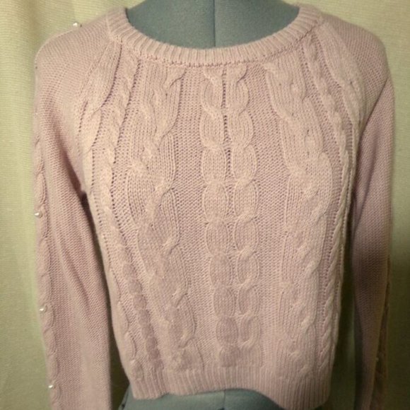 FRESHMAN Cable knit Pearl Beaded Sweater Top XS Pink crop Scoop neck Long Sleev - Picture 2 of 10